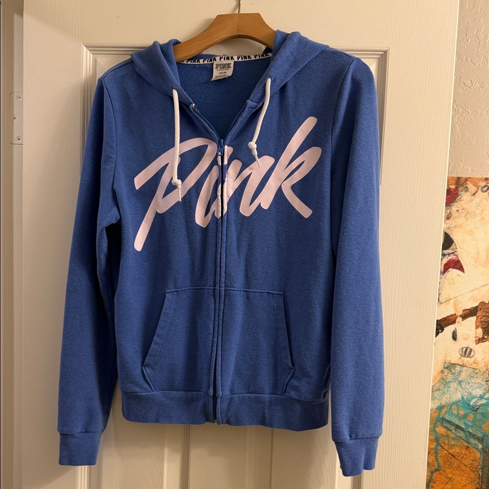 PINK Victoria's Secret Unique Blue Zip Hoodie with Script Logo & Logo Hood M